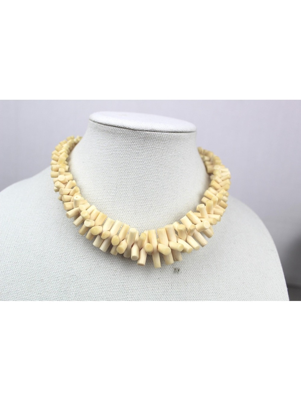Vintage Necklace Stick Style Statement Cream Color Carved Bone Cylinder Beads